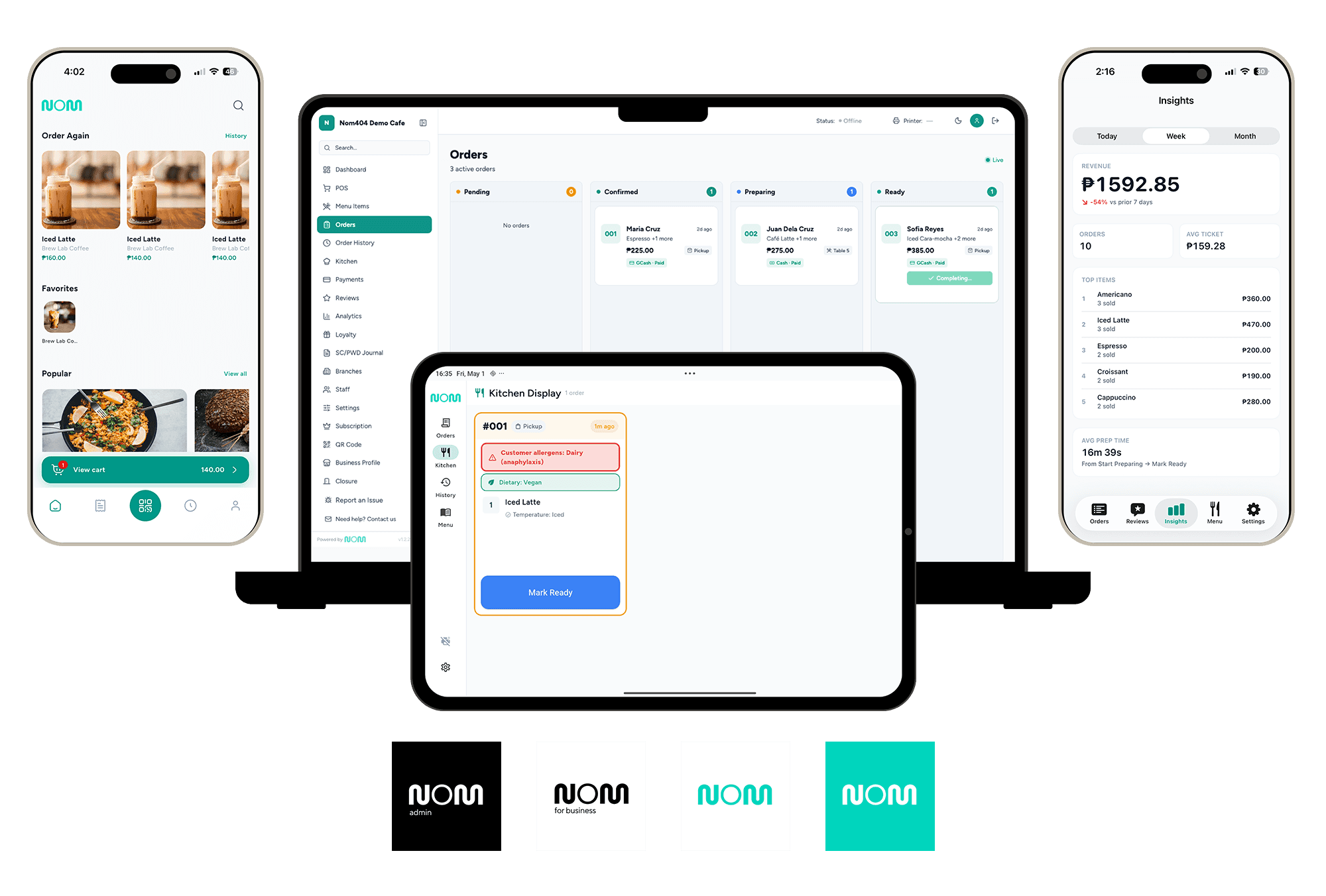 Nom404 customer app, business dashboard, staff kitchen tablet, and business iOS app shown together