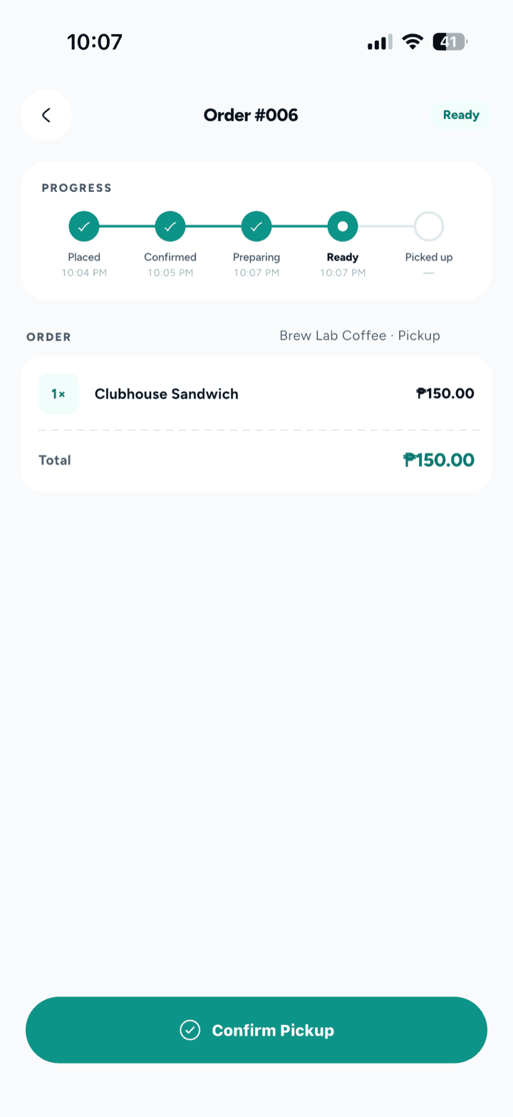 Customer app - Ready for pickup