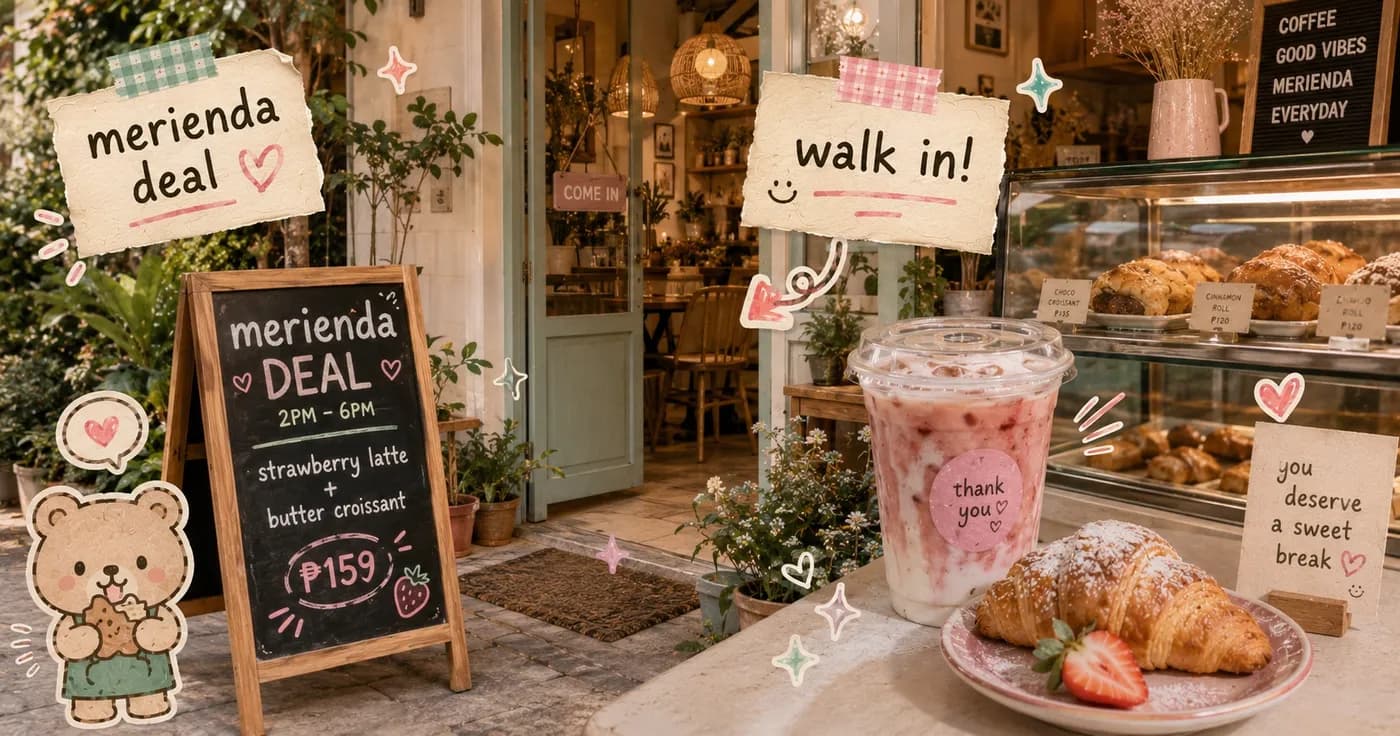 Cozy Philippine cafe storefront scrapbook poster with a chalkboard merienda promo sign, iced drinks, and pastries, in blush pink and cream tones with handwritten doodle notes.