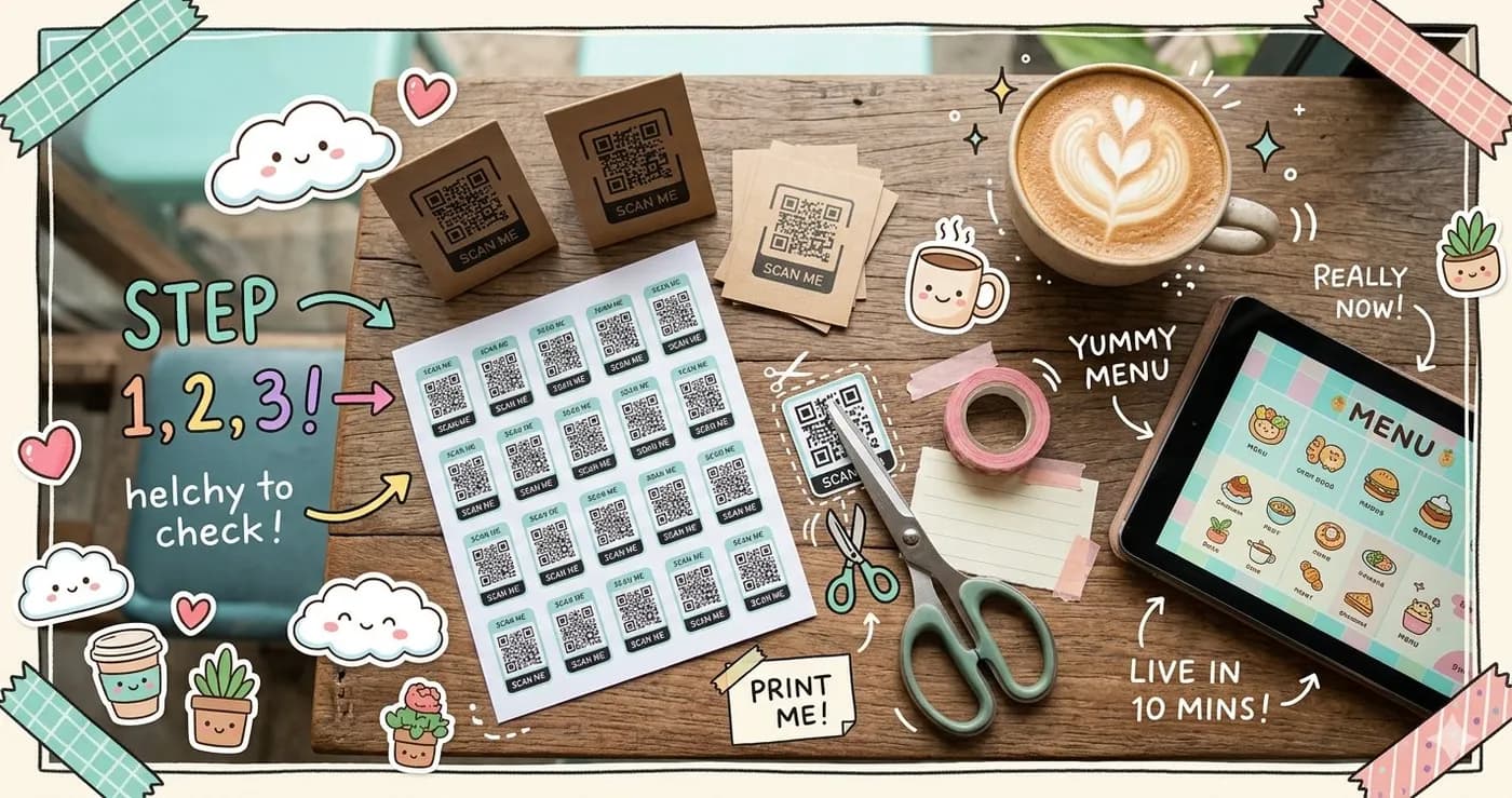A phone scanning a QR code on a wooden cafe table beside an iced latte, in a cute scrapbook poster style with handwritten doodle notes about ordering.