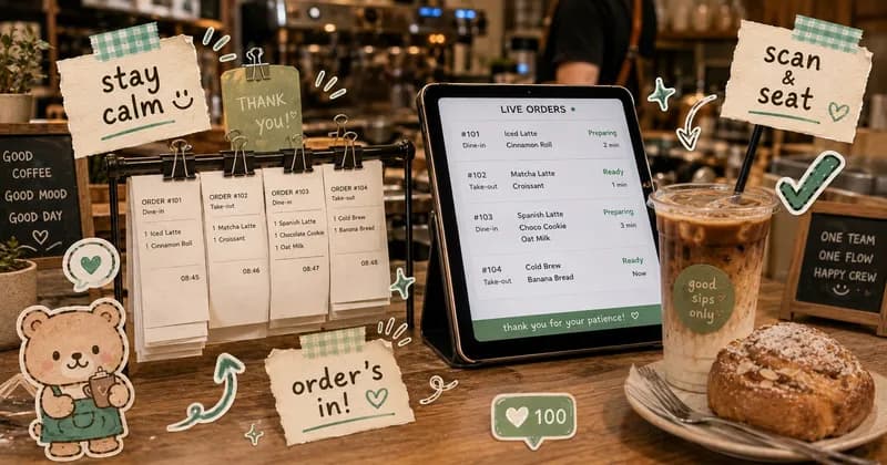 Straight-on cafe counter scene during a rush with stacked order tickets, a tablet showing a live orders board, and a coffee cup, in a scrapbook doodle style