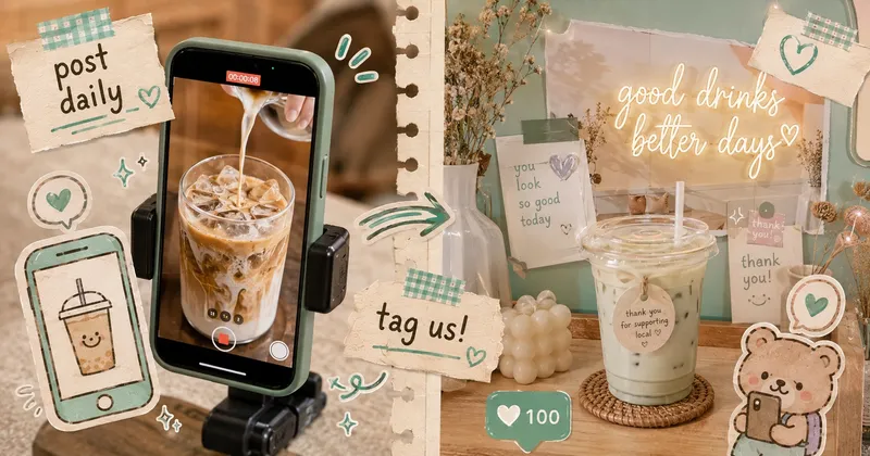 Side-by-side scrapbook poster: a phone filming a swirling iced latte next to a cozy cafe corner, with marker doodles reading post daily and tag us.