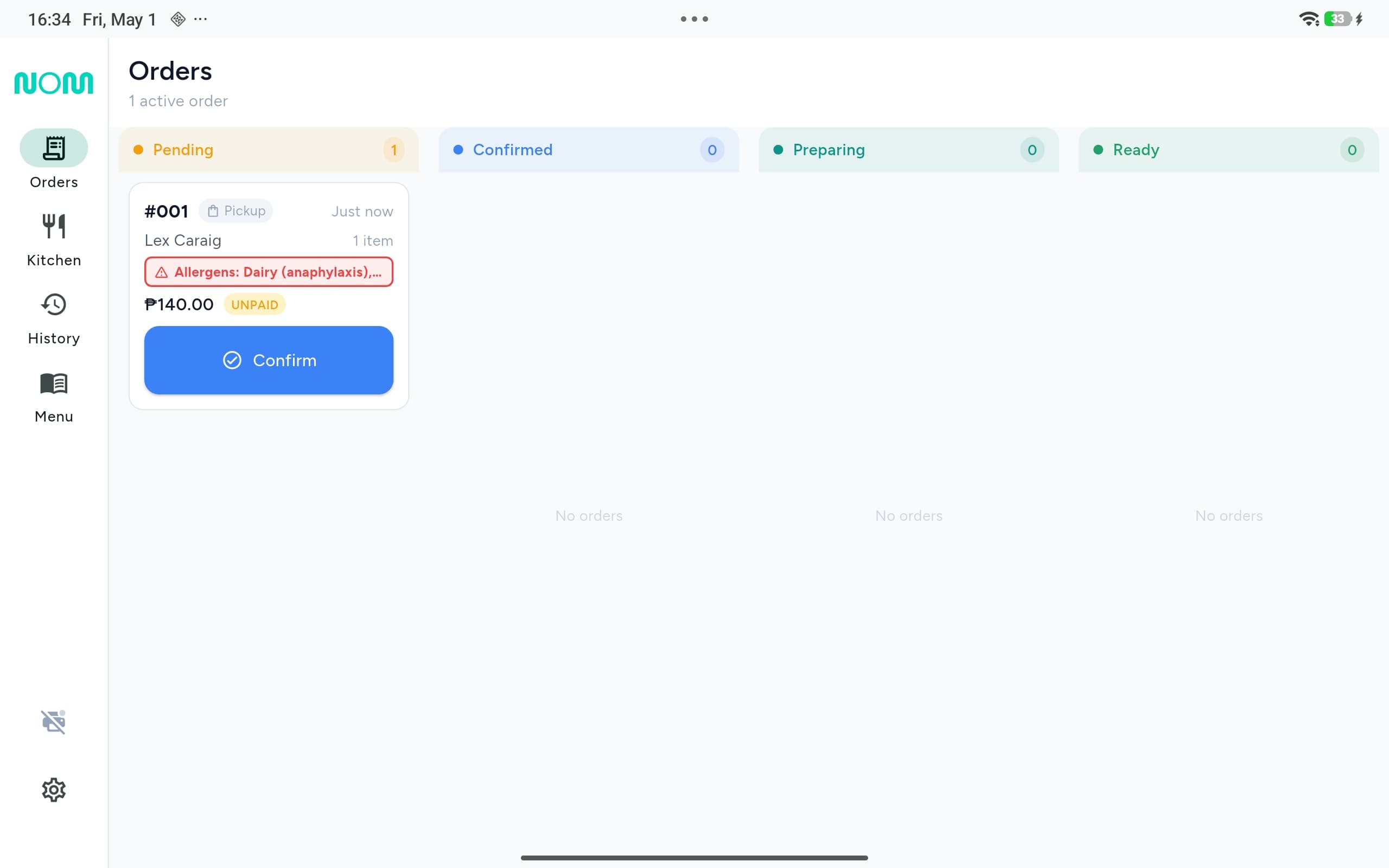 Nom404 merchant dashboard showing the live order queue, payment proof, and order status