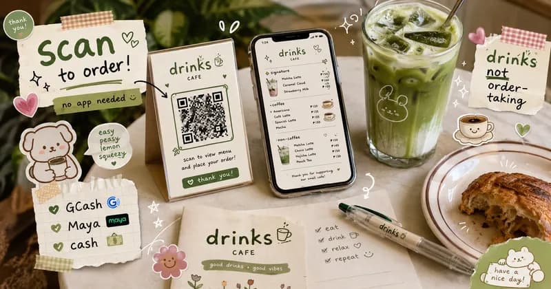 Top-down flatlay of a cafe table with a QR ordering sticker, a phone showing a menu, an iced matcha drink, and scrapbook doodles in matcha-green and cream.