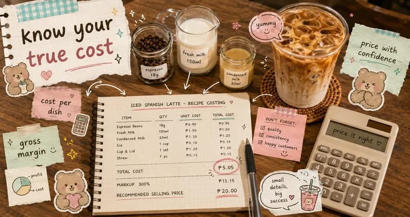 Top-down flatlay on a cafe table of an iced latte, ingredient jars, a calculator, and handwritten costing notes in matcha green and cream scrapbook style