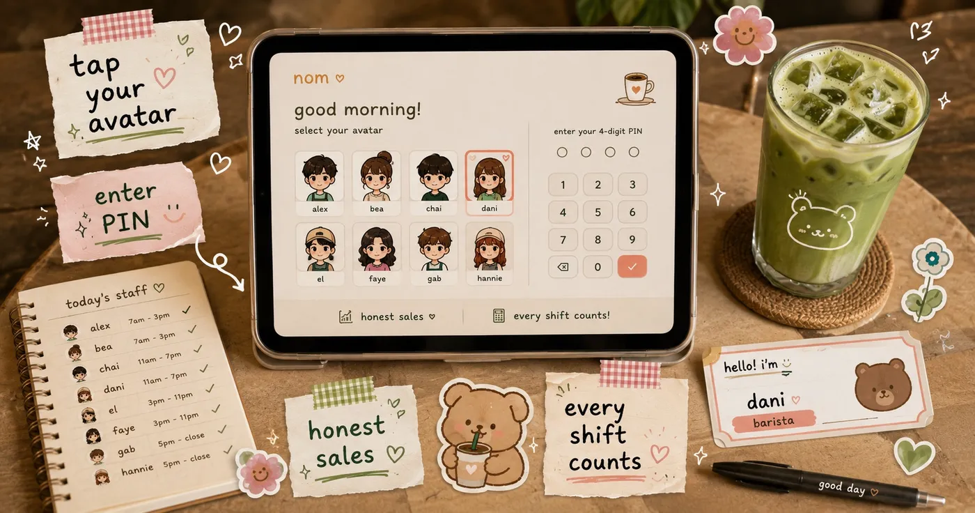 Top-down flatlay on a cafe table with a counter tablet showing staff avatars and a PIN pad, beside an iced matcha latte, notebook, and pen