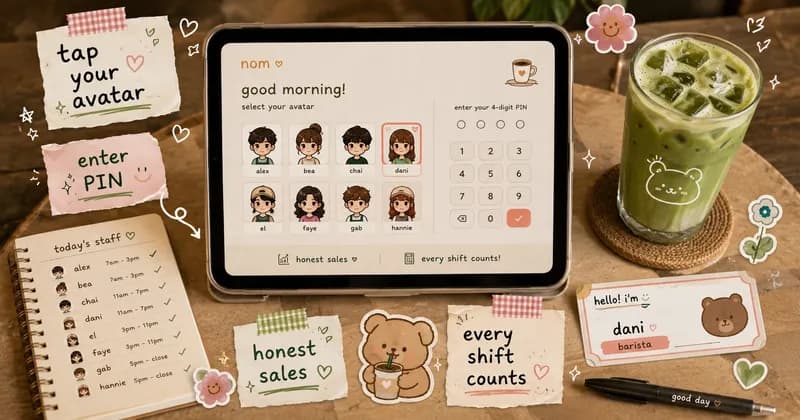 Top-down flatlay on a cafe table with a counter tablet showing staff avatars and a PIN pad, beside an iced matcha latte, notebook, and pen