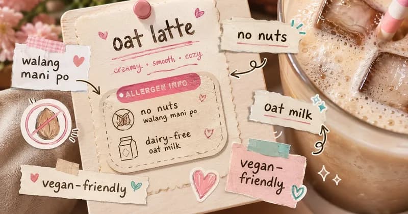 Close-up macro of a cafe menu card with handwritten allergen and dietary tag doodles in blush pink and cream, scrapbook style