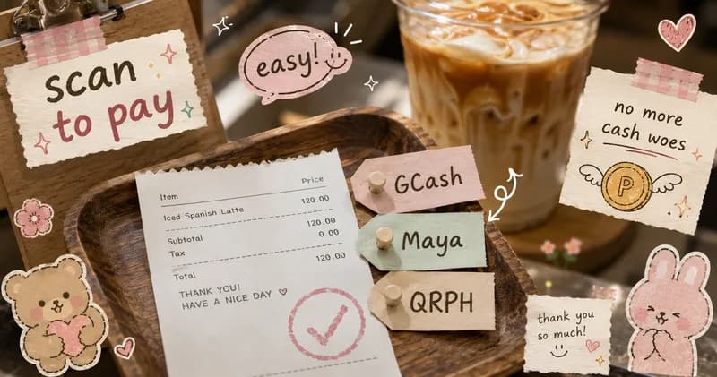 A customer's phone scanning a QR code on a wooden cafe counter to pay for coffee, surrounded by scrapbook doodles of GCash, Maya, and QRPH payment icons