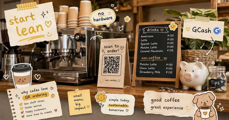 Scrapbook-style poster of a cafe counter with an espresso machine, coffee cups, and a QR menu stand, surrounded by handwritten startup-cost doodle notes.