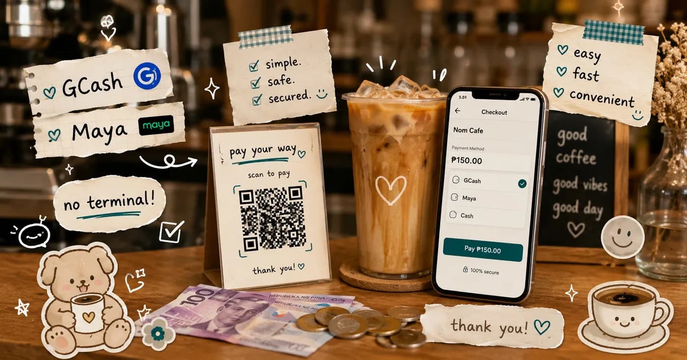 Scrapbook-style cafe counter scene with a phone showing GCash, Maya, QRPH, and cash payment doodles beside a coffee cup, with handwritten notes about verifying payments.
