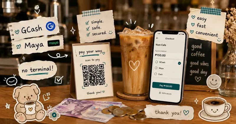 Scrapbook-style cafe counter scene with a phone showing GCash, Maya, QRPH, and cash payment doodles beside a coffee cup, with handwritten notes about verifying payments.