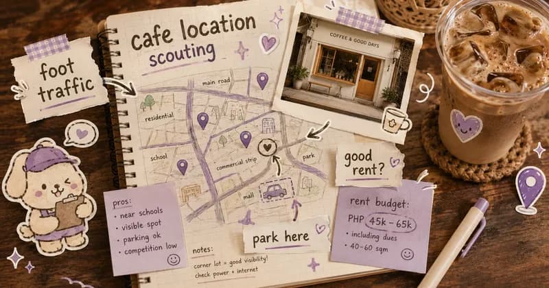 Top-down flatlay of a cafe-location scouting notebook with a hand-drawn neighborhood map, location pins, and a coffee cup, in soft ube purple and cream scrapbook style.