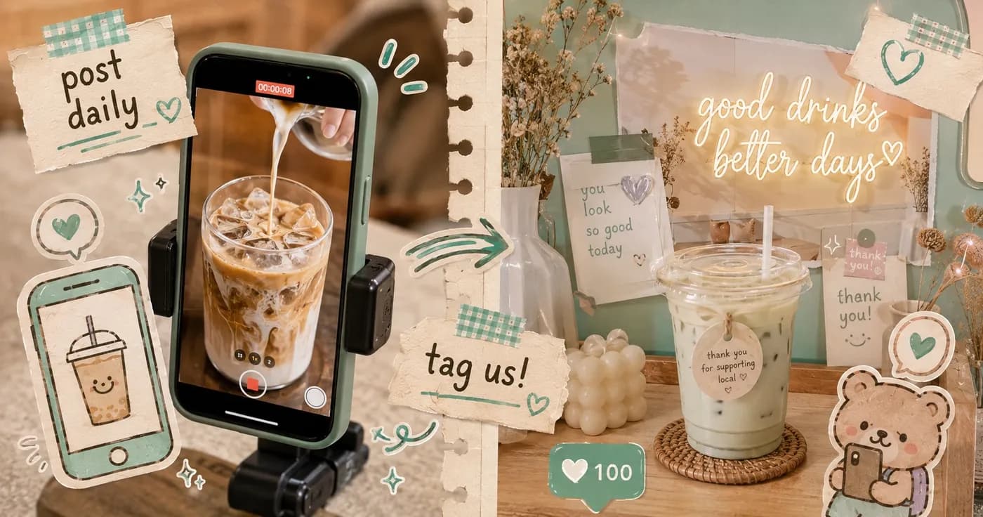 Side-by-side scrapbook poster: a phone filming a swirling iced latte next to a cozy cafe corner, with marker doodles reading post daily and tag us.