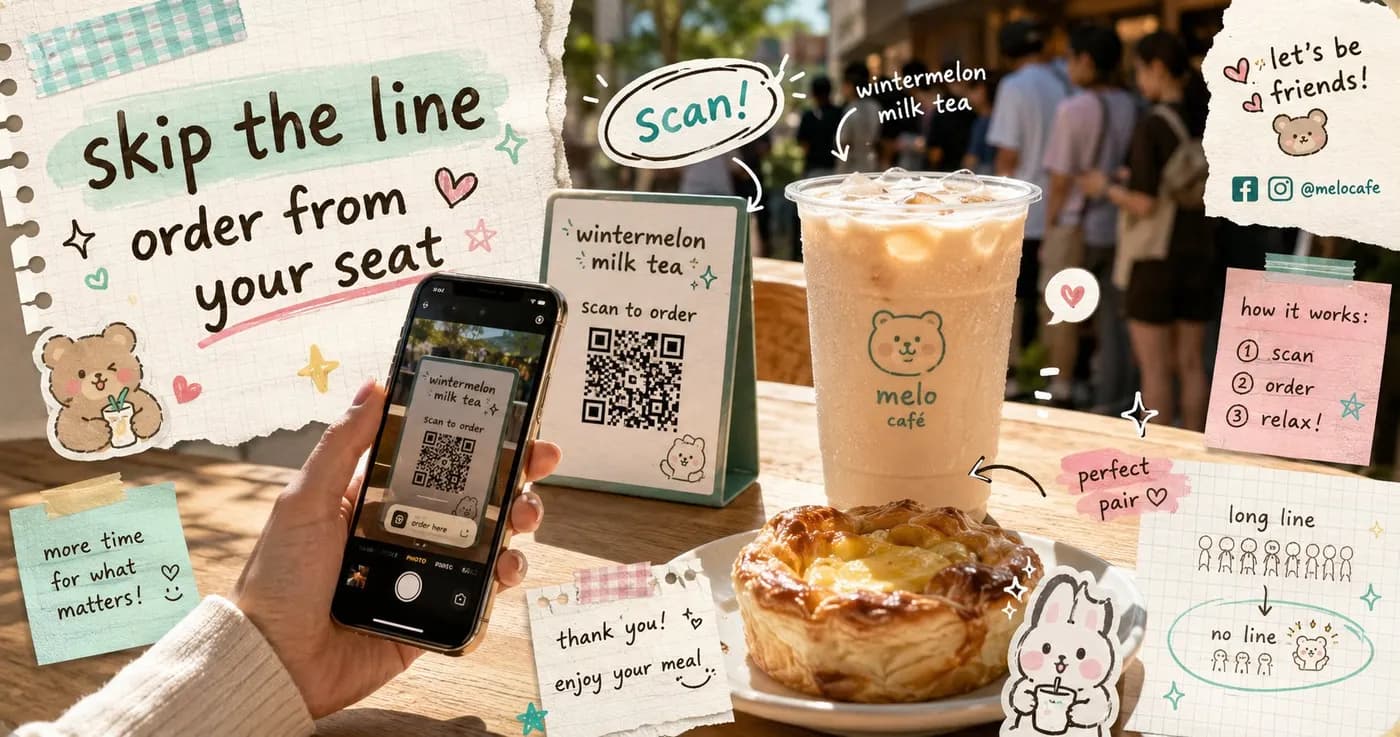 A smartphone scanning a QR code on a wooden cafe table next to an iced milk tea, with handwritten doodle notes about skipping the line and ordering faster.