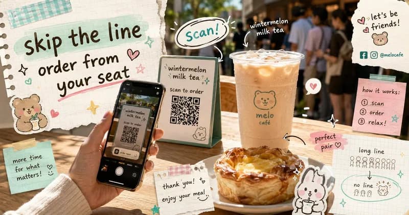 A smartphone scanning a QR code on a wooden cafe table next to an iced milk tea, with handwritten doodle notes about skipping the line and ordering faster.